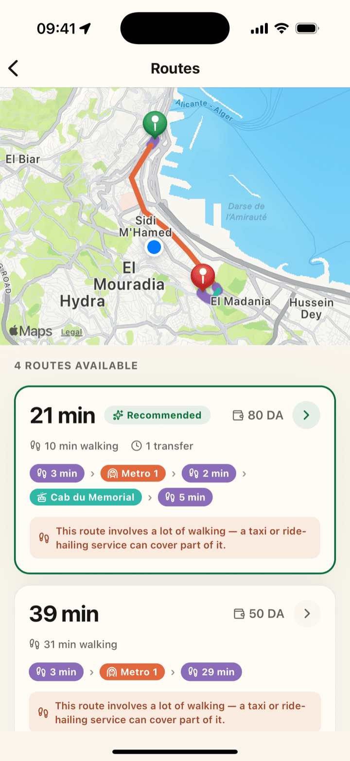 Application Wasly affichant un itinéraire multimodal métro + téléphérique à Alger