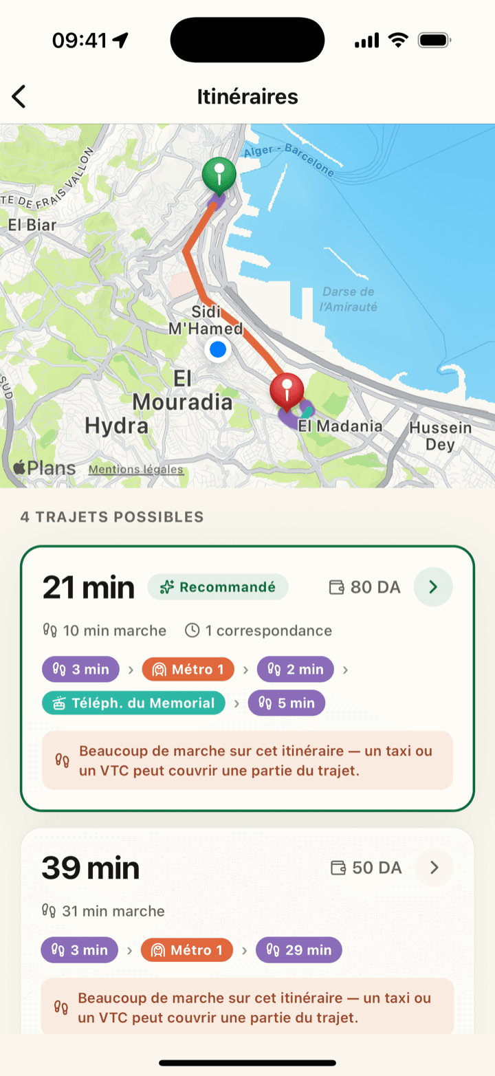 Application Wasly affichant un itinéraire multimodal métro + téléphérique à Alger